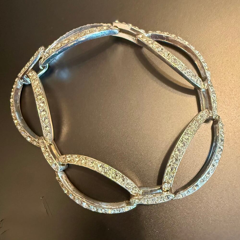 Pavé Rhinestone Oval Silver Tone Link Bracelet by MONET
